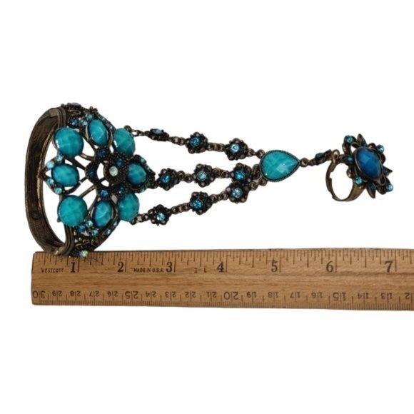 Ring Slave Bracelet Combo Hand Chain Silver Turquoise Adjustable Spring Cuff - Picture 6 of 8